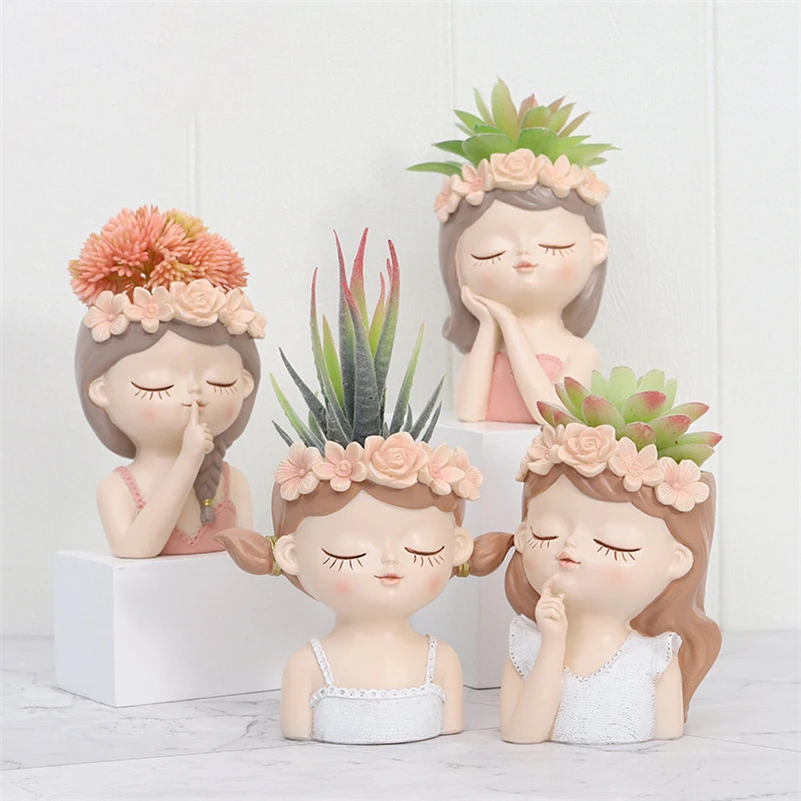 Fairy Genius Statue Head Sculpture Flower Vase Pot Resin Human Statue Ornament for Home Decoration