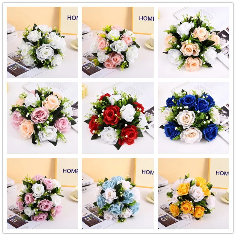 1PC Artificial Flower Ball Plastic Green Base Silk Cloth Table Centerpieces For Wedding Decor Party Road Lead Flower Bouquets