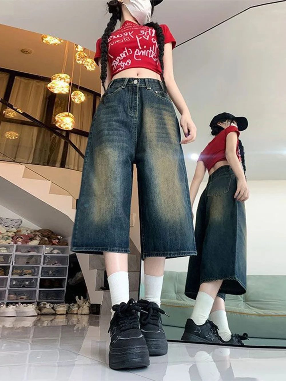 

Американские уличные ретро широкие джинсовые женские летние джинсовые брюки семь четвертей, новые утягивающие свободные прямые короткие брюки с высокой талией