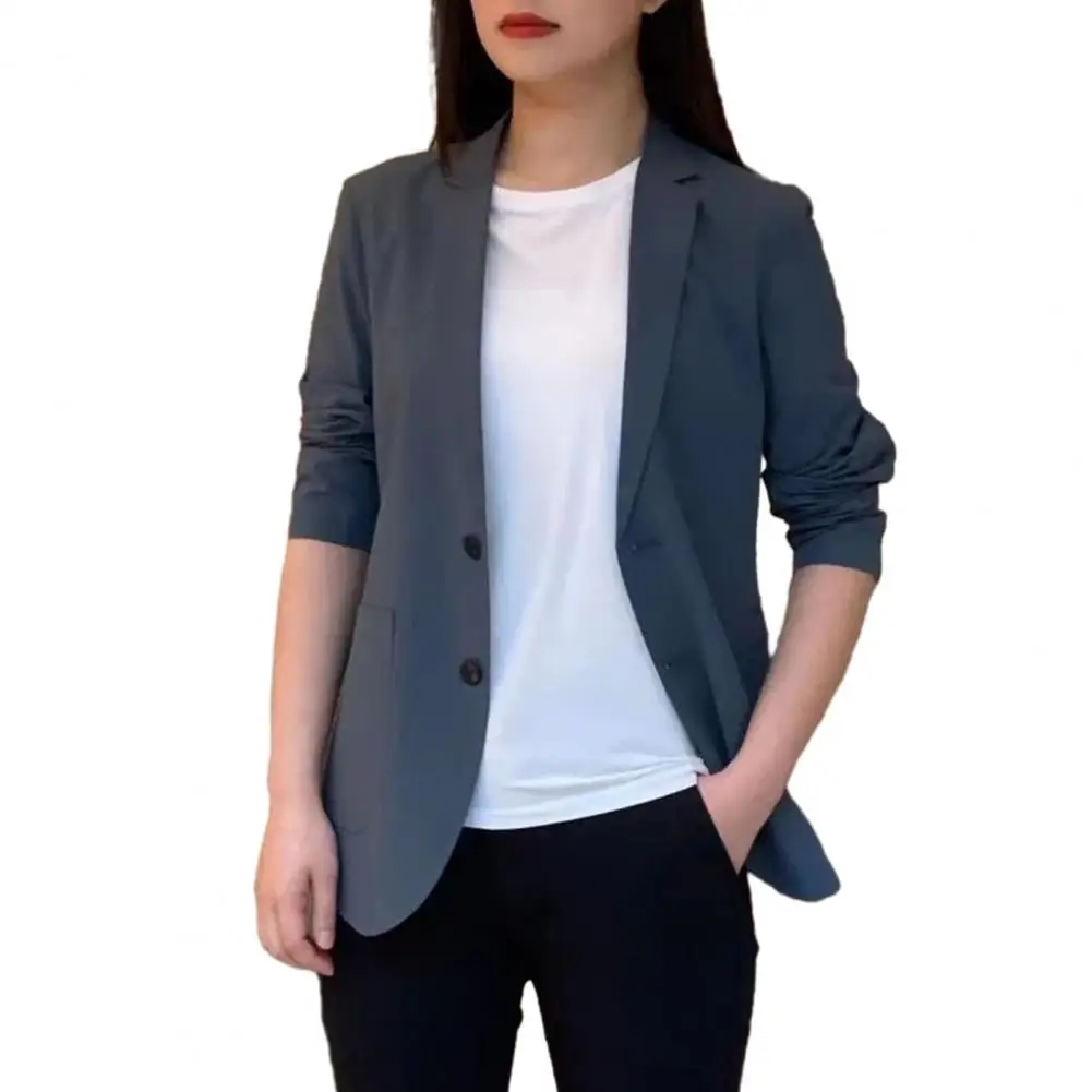 Women Coat Formal Business Style Solid Color Long Sleeve Mid Length Button Closure Pockets Loose OL Commute Suit Coat