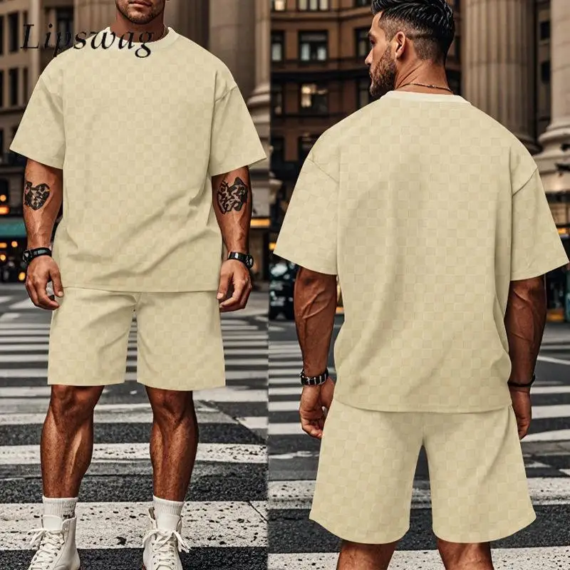 

Streetwear Mens Sets Fashion Outfits Short Sleeve O Neck T Shirt And Shorts Two Piece Suits Men Vintage Plaid Jacquard Tracksuit