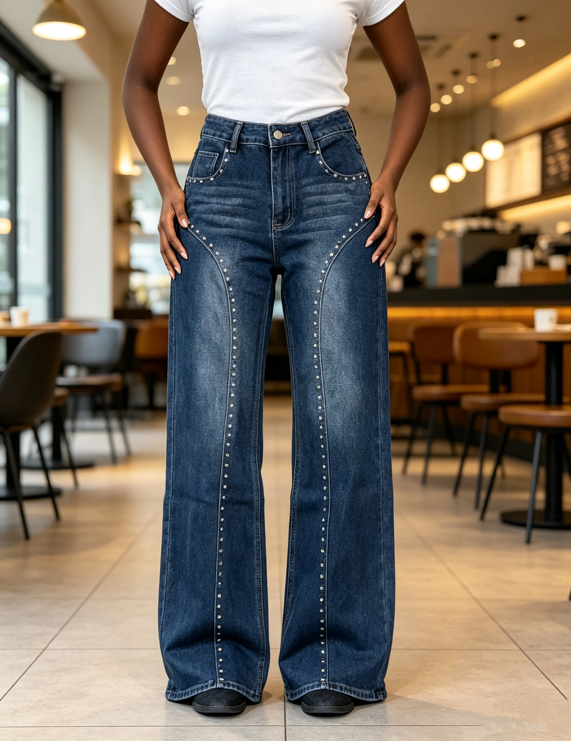 Women's Spring Autumn Dark Blue Rivet Wide Leg Denim Pants High Waist Flare Loose Slim Vintage Rhinestone Versatile Casual Long Trousers