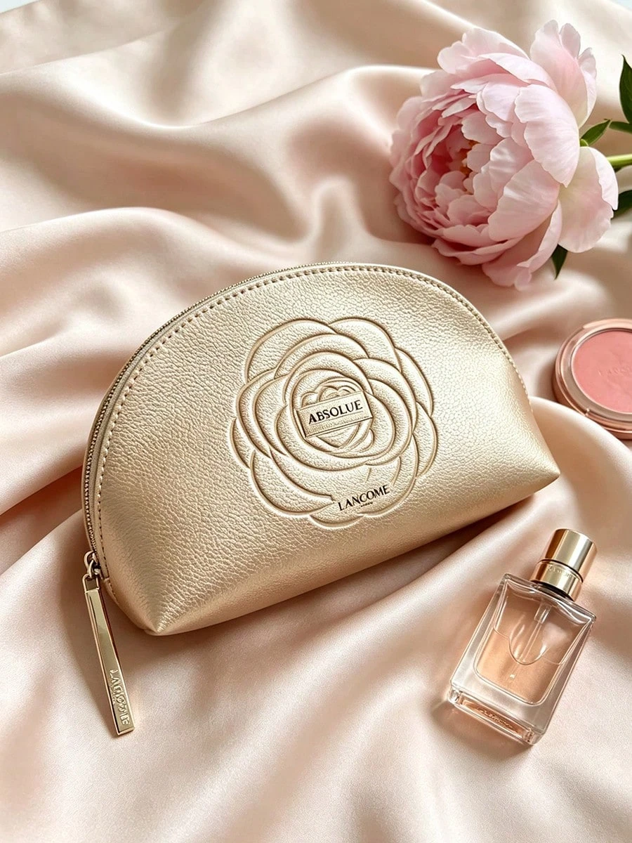 Lancome Absolue Champagne Gold Faux Leather Cosmetic Case Large 3D Rose Embossed Portable Foldable Travel Makeup Organizer Bag