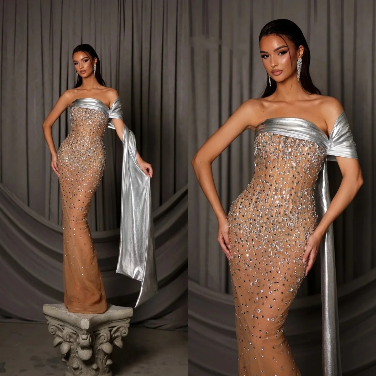 Luxury Crystal Evening Dresses One Shoulder Prom Dress Rhinestone See Through Mermaid Illusion Party Gowns Vestidos De Noche