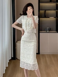 Chinese Chic Summer Lace Two Piece Set Elegant Women Square Collar Hollow Out Flower Crop Tops + Bodycon Slim Long Skirt Suit