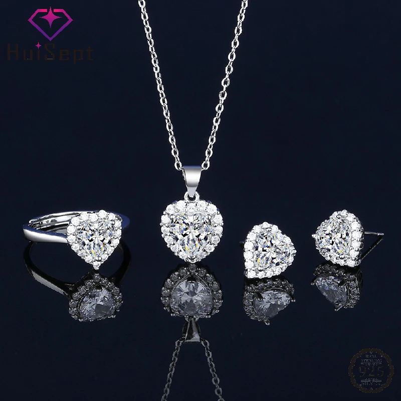 

HuiSept 925 Silver Jewelry Set Ring Earrings Necklace with Zircon Gemstone Heart Shape Pendant Ornaments for Women Wedding Gift