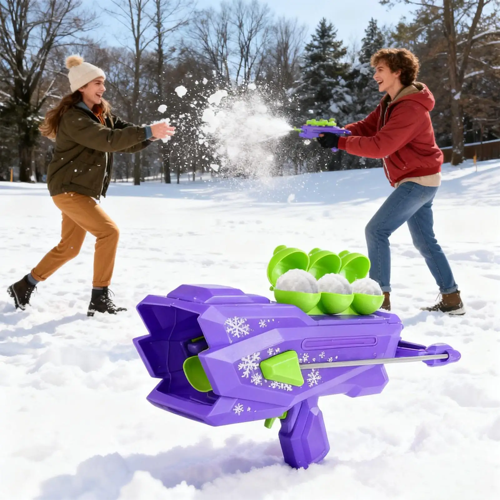 ปืนยิงลูกบอลหิมะสำหรับเด็ก ของเล่นยิงลูกบอลหิมะ สนุกสนานในฤดูหนาว ของเล่นต่อสู้ลูกบอลหิมะ ของเล่นเล่นหิมะกลางแจ้ง เหมาะสำหรับการเล่นแบบหลายคน