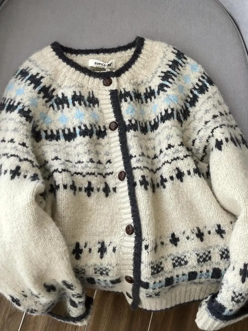 قسط يشعر الرجعية محبوك الجولة Ne المفتوحة سترة المرأة الخريف الشتاء Thiened زر واحد فضفاض معرض جزيرة سترة Jaet