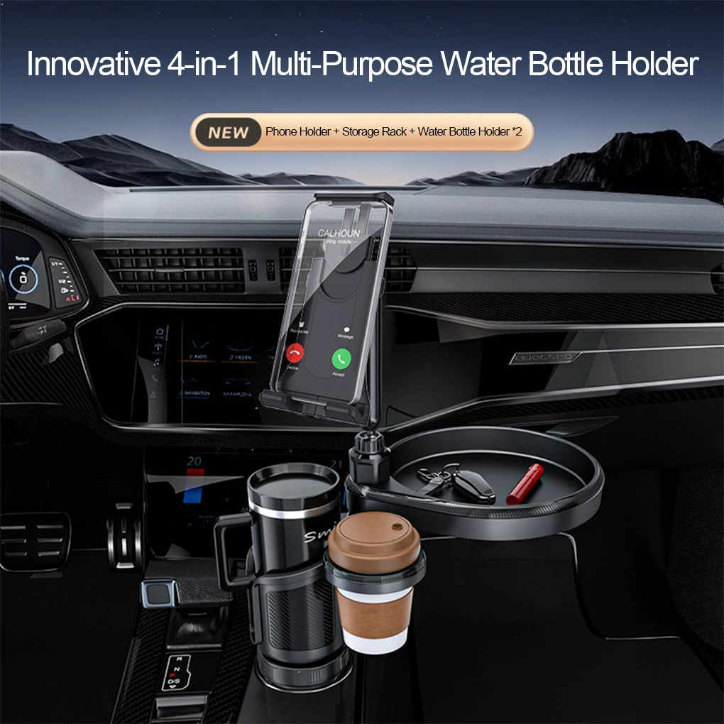 

Functional 4-in-1 Car Cup Holder Tray With Extra Widened Mat And Removable Tray Vehicle Models And Phone Holder SUVs