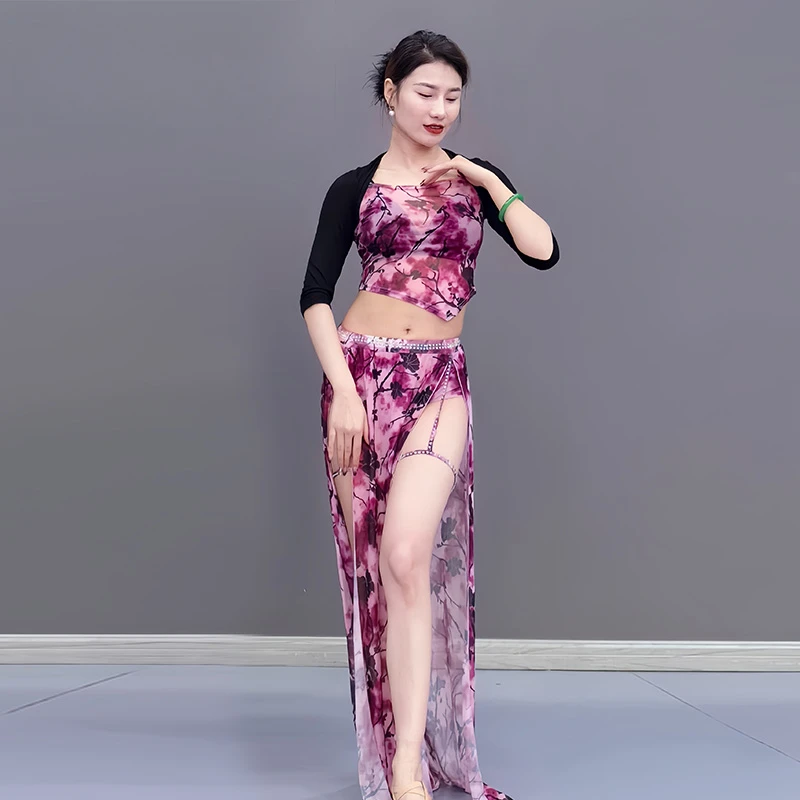 

Belly Dance Costume Set for Women Modal Sleeves Top+printing Long Skirt 2pcs Oriental Dance Group Professional Training Clothing