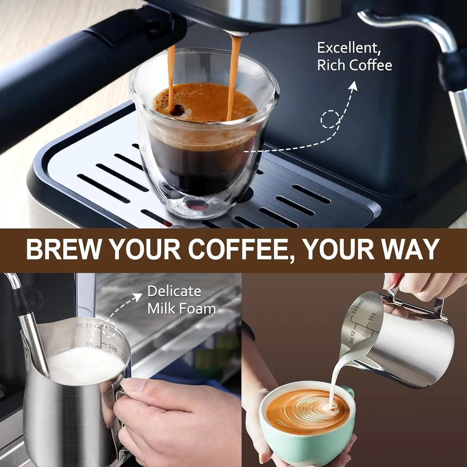 Máquina de café expresso de 20 bares com jarro de espuma de leite, tanque de água removível de 1,5L, máquina de café semiautomática com varinha de vapor