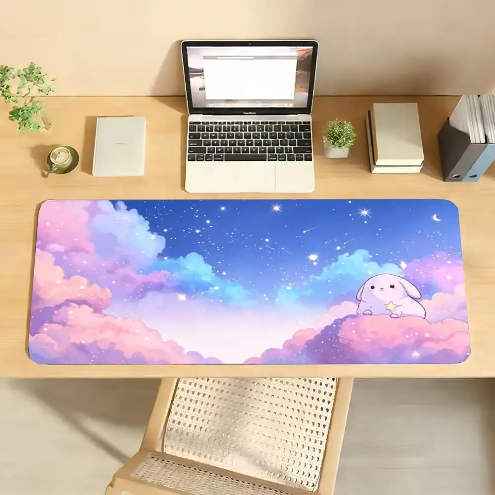 Cute White Bunny Pastel Pink Purple Cloud Star  Gaming Mouse Pad  Non-Slip Rubber  Keyboard Pad for Girls Office Laptop Decor