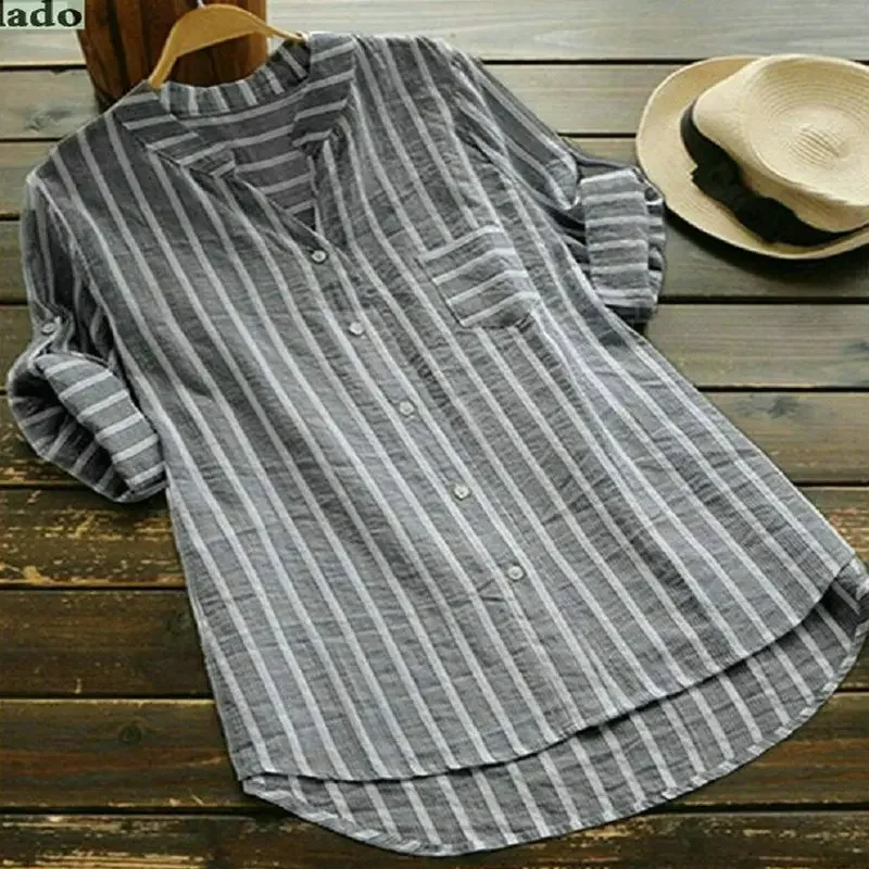 Summer Elegant Shirt Women Cotton Linen Top Long Sleeve Oversize Lady Linen Blouses Striped Classic Shirts 2022 White Blouse 5XL