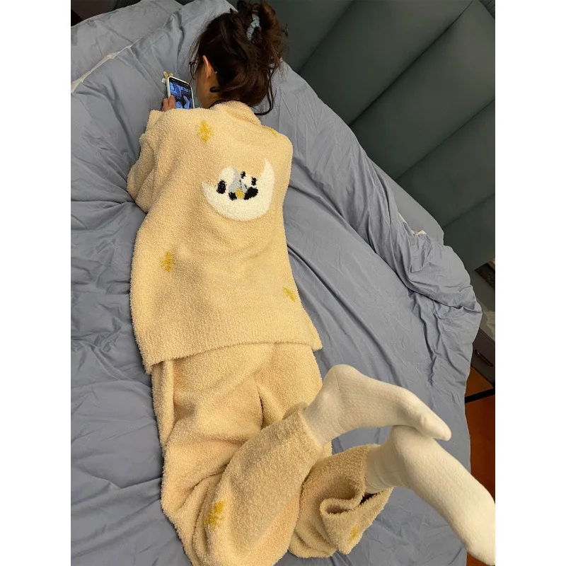 

Winter Pajamas Set for Women Thickened Warm Comfortable Soft Casual Home Clothes Student Warm Yellow Sleepwear Set