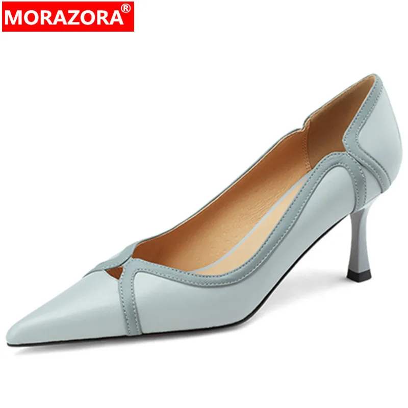 MORAZORA 2024 New Shallow Sheepskin Shoes Woman Slip On Mixed Colors Ladies Dress Pumps Thin High Heels Single Shoes