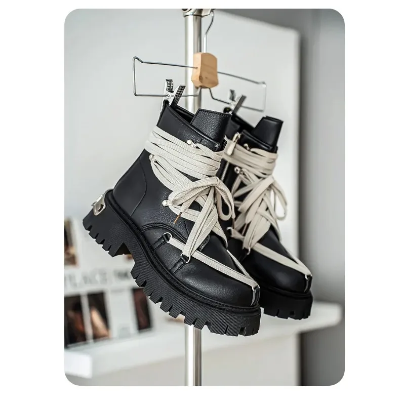 Męskie botki na platformie, modne, z personalizowanym paskiem, markowe buty wysokiej jakości, motocyklowe, codzienne, outdoorowe, zapinane na zamek.