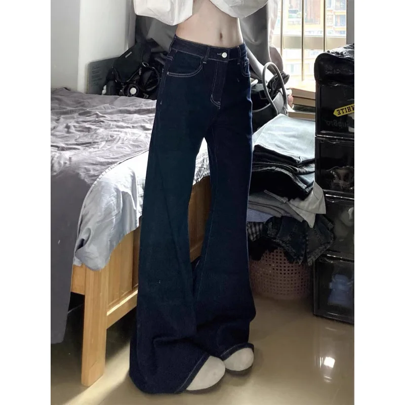 Jean évasé pour femmes, bouton, fermeture à glissière, boucle de ceinture, ceinture réglable, Simple, automne, printemps, vêtements pratiques classiques