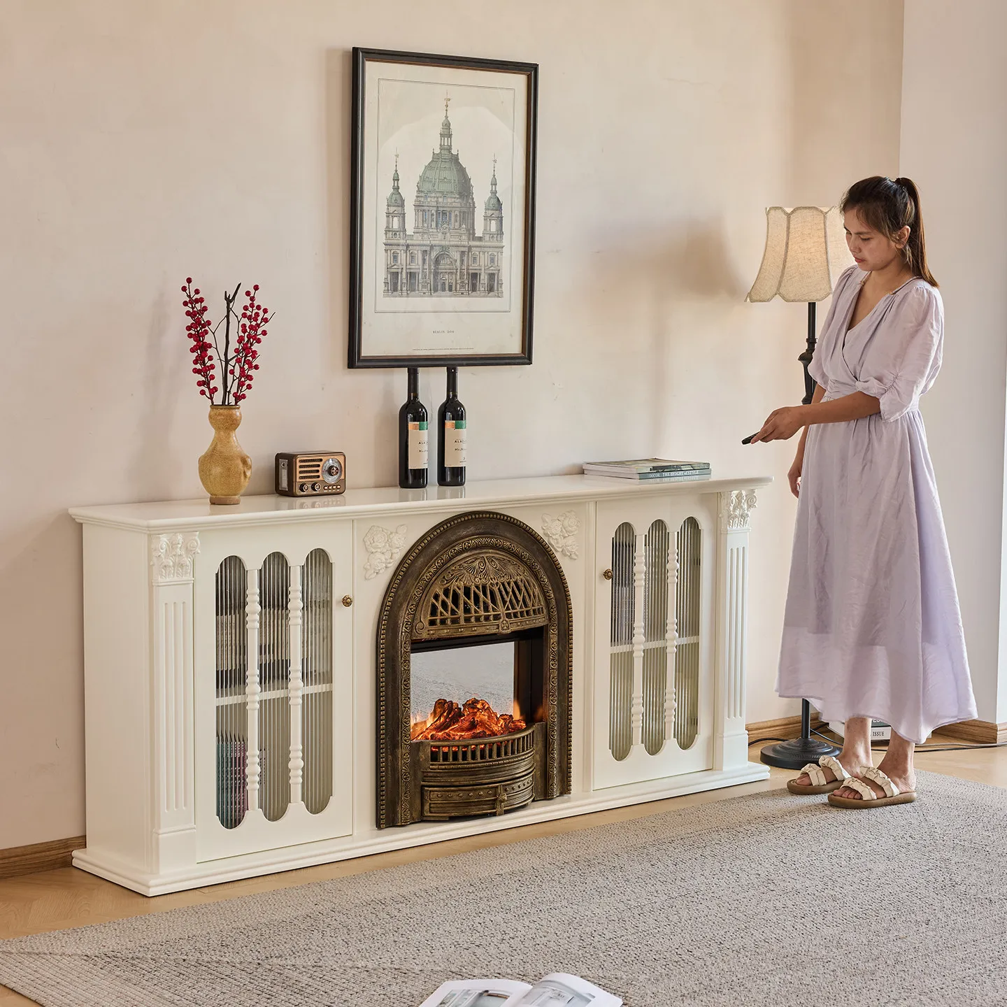 YJQ French 1.8/2 Solid Wood Fireplace TV Cabinet Villa Living Room Simulation Fire Heating Wall Cabinet