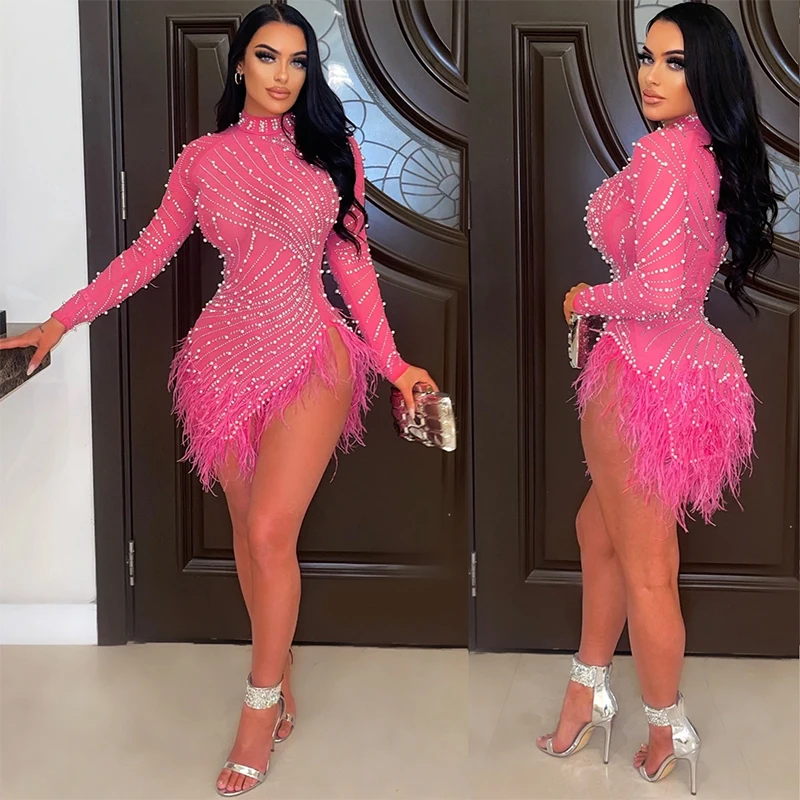 

2022 New Dress Solid Color Fringe Feather Hot Diamonds O Neck Long Sleeve Sexy Celebrity Party Mini Dress Vestidos