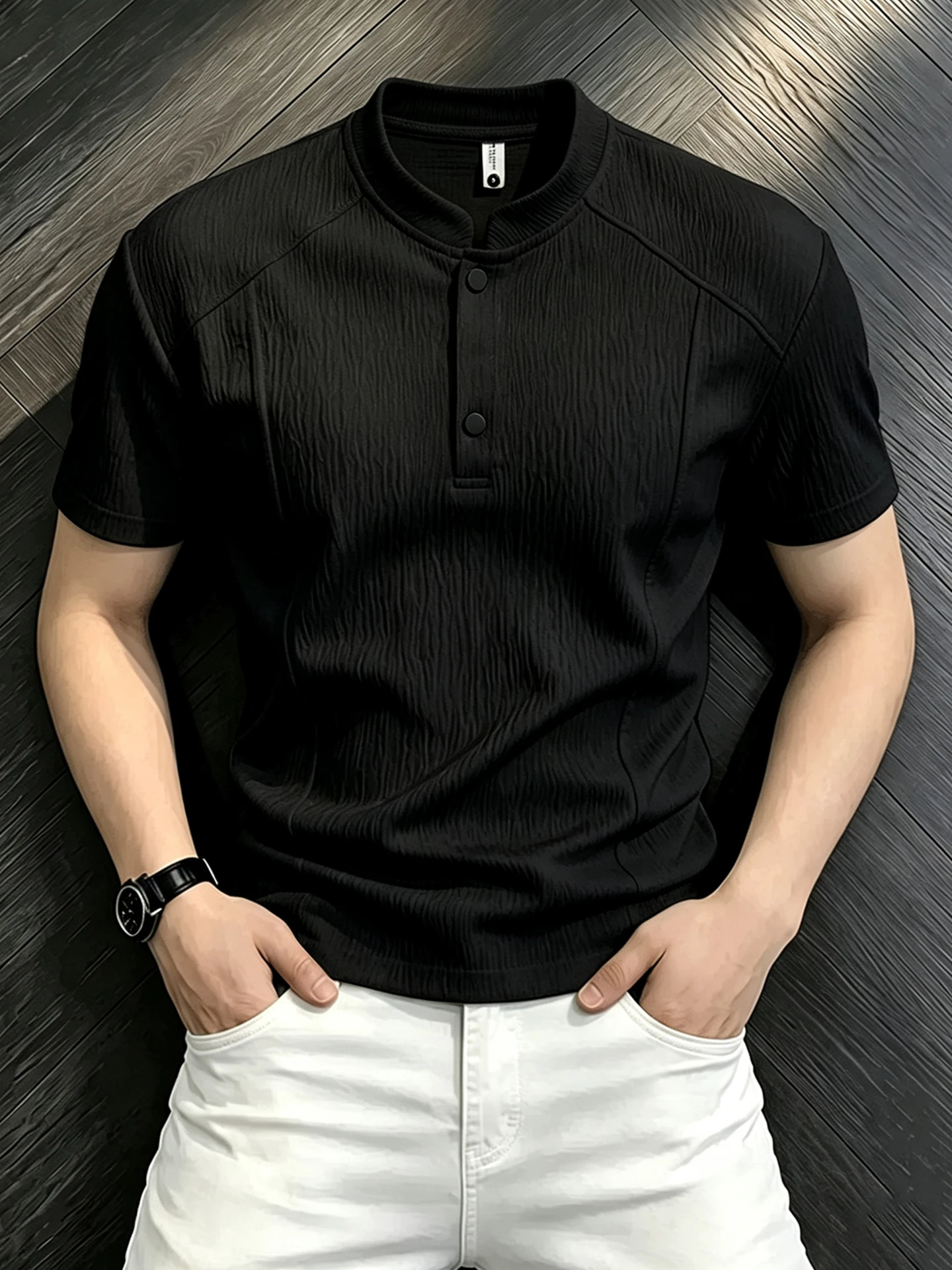 Gray Ice Silk Men's Short Sleeve  Shirt Cleanfit Henry Collar Treebark Pattern T-Shirt Breathable Quick Dry No Ironing Ne...