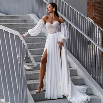 Abiti da festa in Chiffon 2022 Sweetheart abiti da sposa lunghi con spalle scoperte per le donne pizzo Sexy elegante vestido de novia