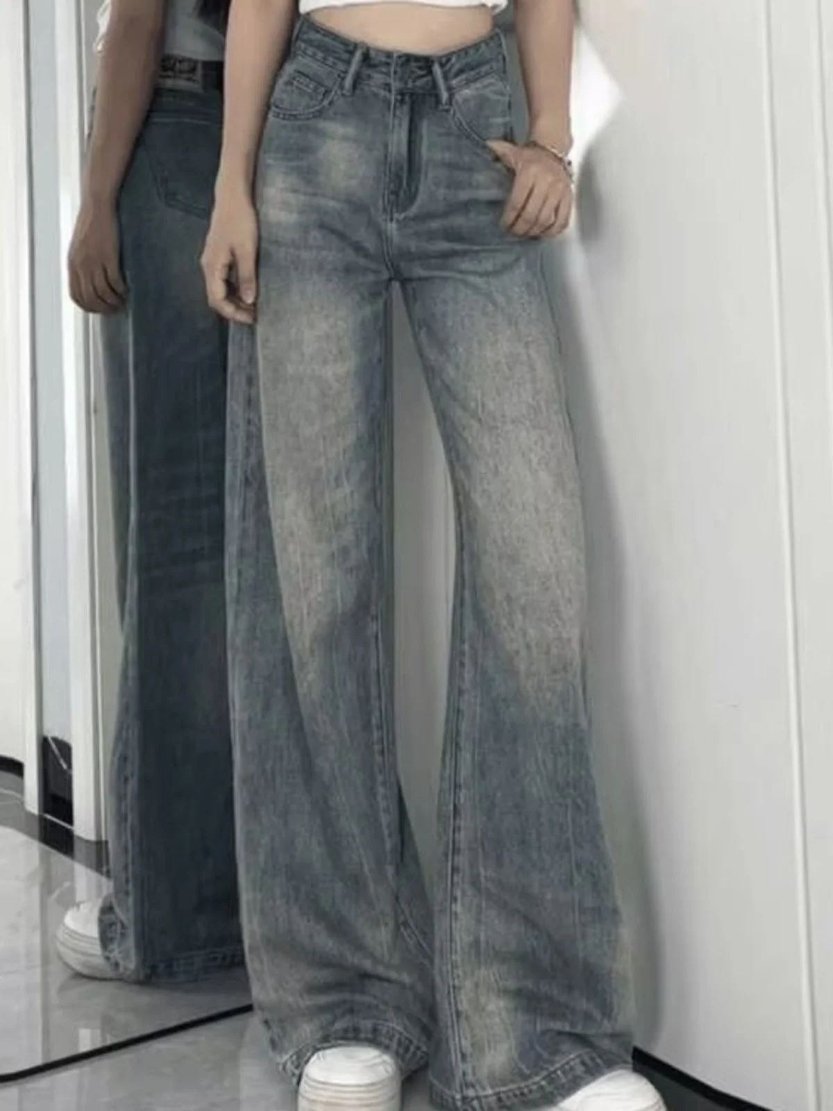 

High Waist Wide Leg American Retro Denim Jeans for Women Pear ape Body Fall New Loose Straight Long Pants Casual Sle