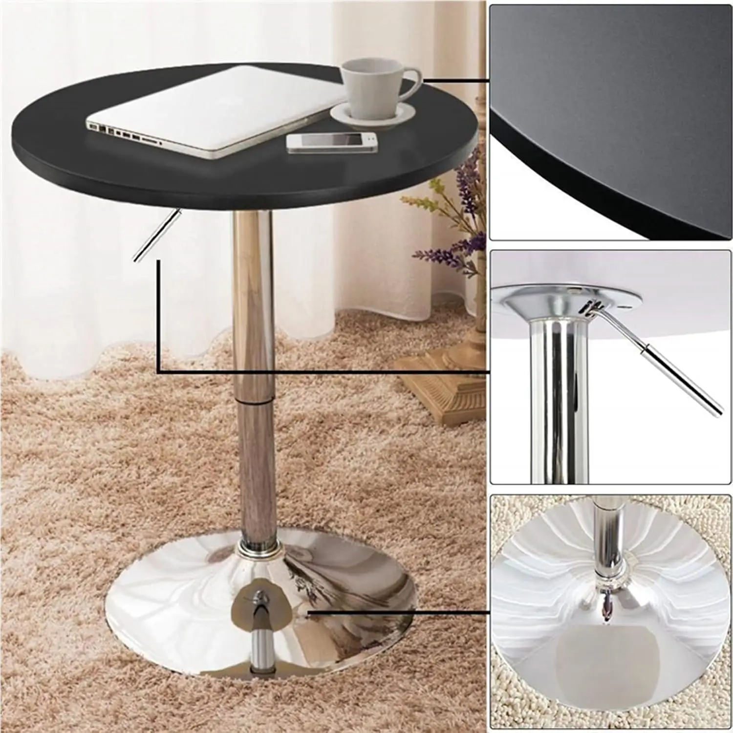 Bar Table Adjustable Height Swivel 360 Degrees Round Pub Desk Black