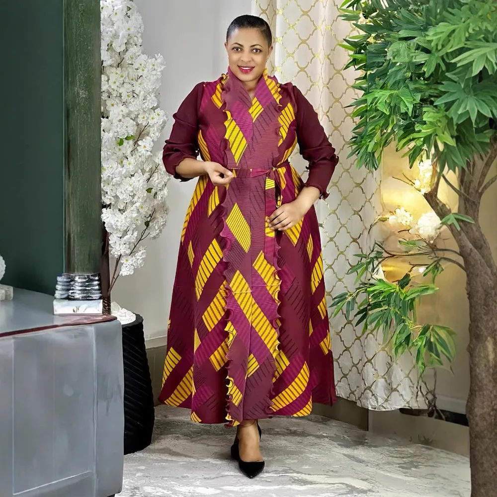 

Miyake Pleated Fashion Robe Dress Women V Neck Long Sleeve Print Sashes Loose Style Female New Tide 2025 Dresses