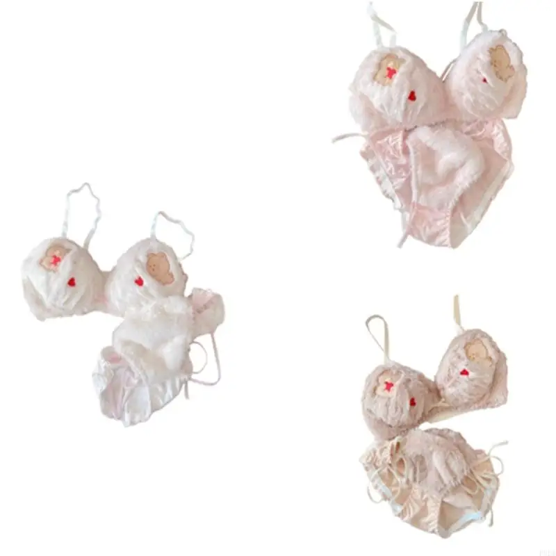 P8DB Women Bear 2Pcs Plush Bra and Tie Side Panty Set Furry Lingerie Underwear