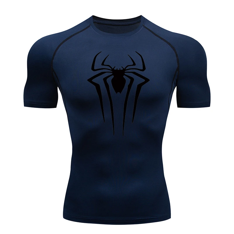 Spider Print Compression Shirts for Men Summer Short Sleeve Rash Guard Gym Workout Tshirt Athletic Quick Dry Undershirts Tops