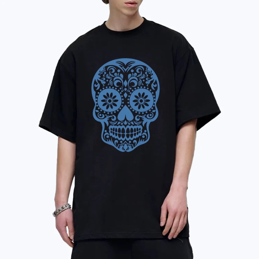 

Popular Blue Floral Sugar Skull Oversized t-shirt streetwear Men Women 100% Cotton Unisex short sleeve t-shirts Summer clothing