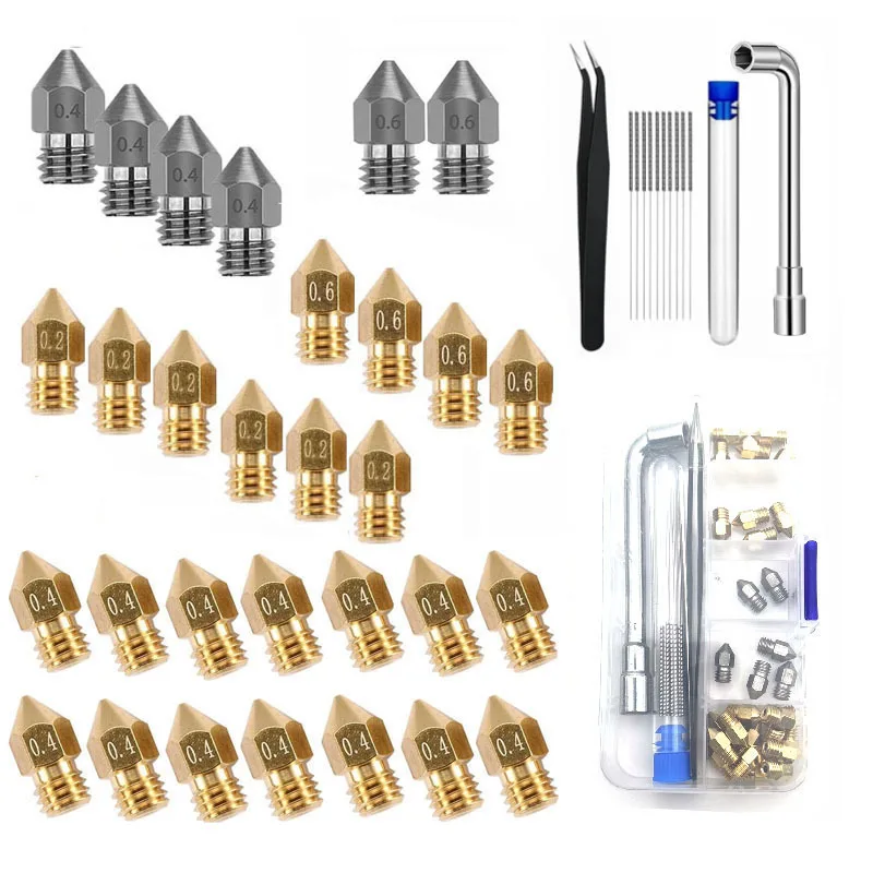 42Pcs Universal MK8 Brass Nozzle Kit 3D Printer Extruder Nozzle Replacement with Tweezers Wrench Cleaning Needle Tools