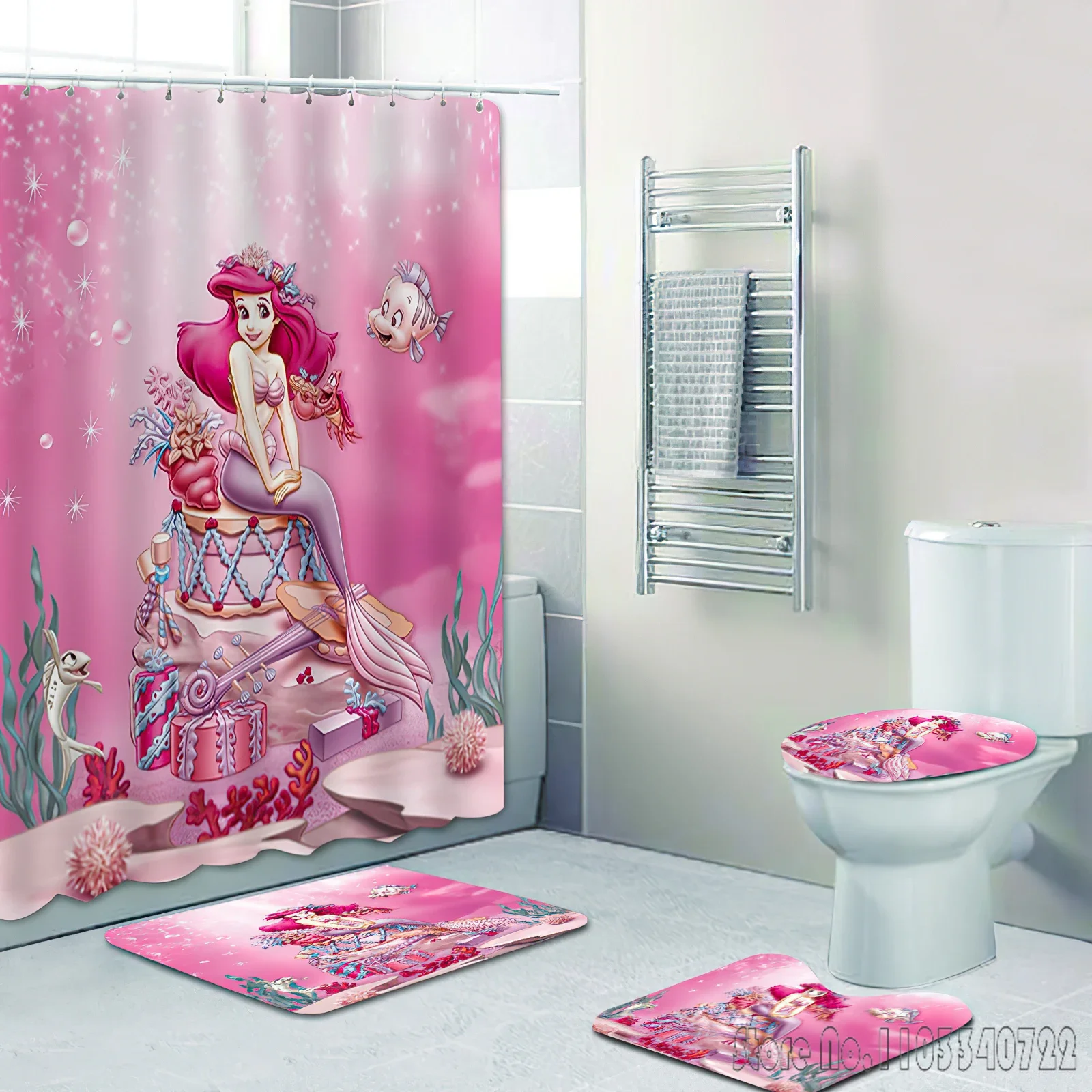 Cartoon Disney Little Mermaid Bath Shower Curtain Set 4pcs with Hooks Waterproof Bathroom Toilet Mat Lid Decor