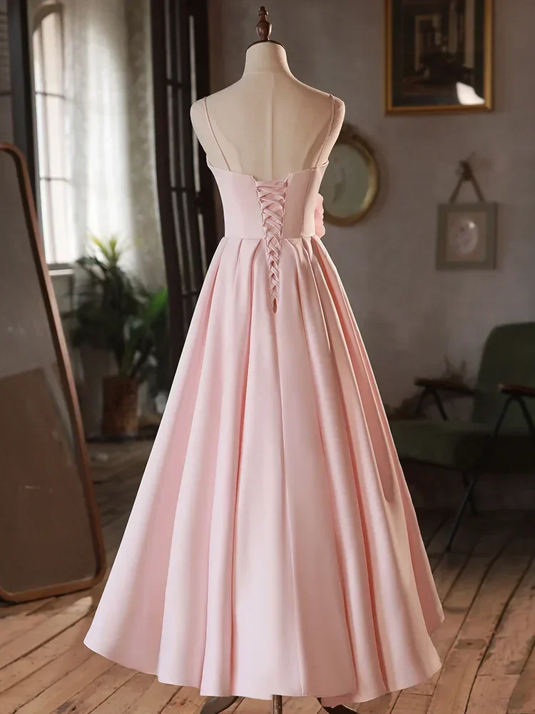 Customized Sweet Simple Elegant Flower Design Wedding Party Vestidos Pleated Slim Waist Solid Evening Dresses Temperament Sling