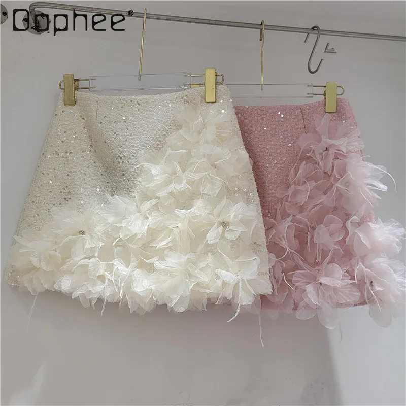 

2025 Autumn New sweet Three-Dimensional Flower Sequin Skirt for Women Elegant High-Waisted Slim Versatile A-Line Skirts Trend