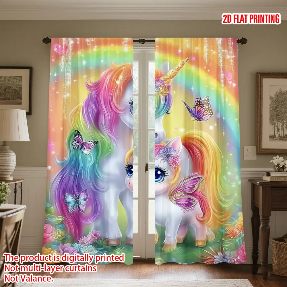 

2pcs 2D flat printing Curtains Unicorn Durable Polyester Without Electricity Festive Wall Decor Perfect for Multipurpose Event