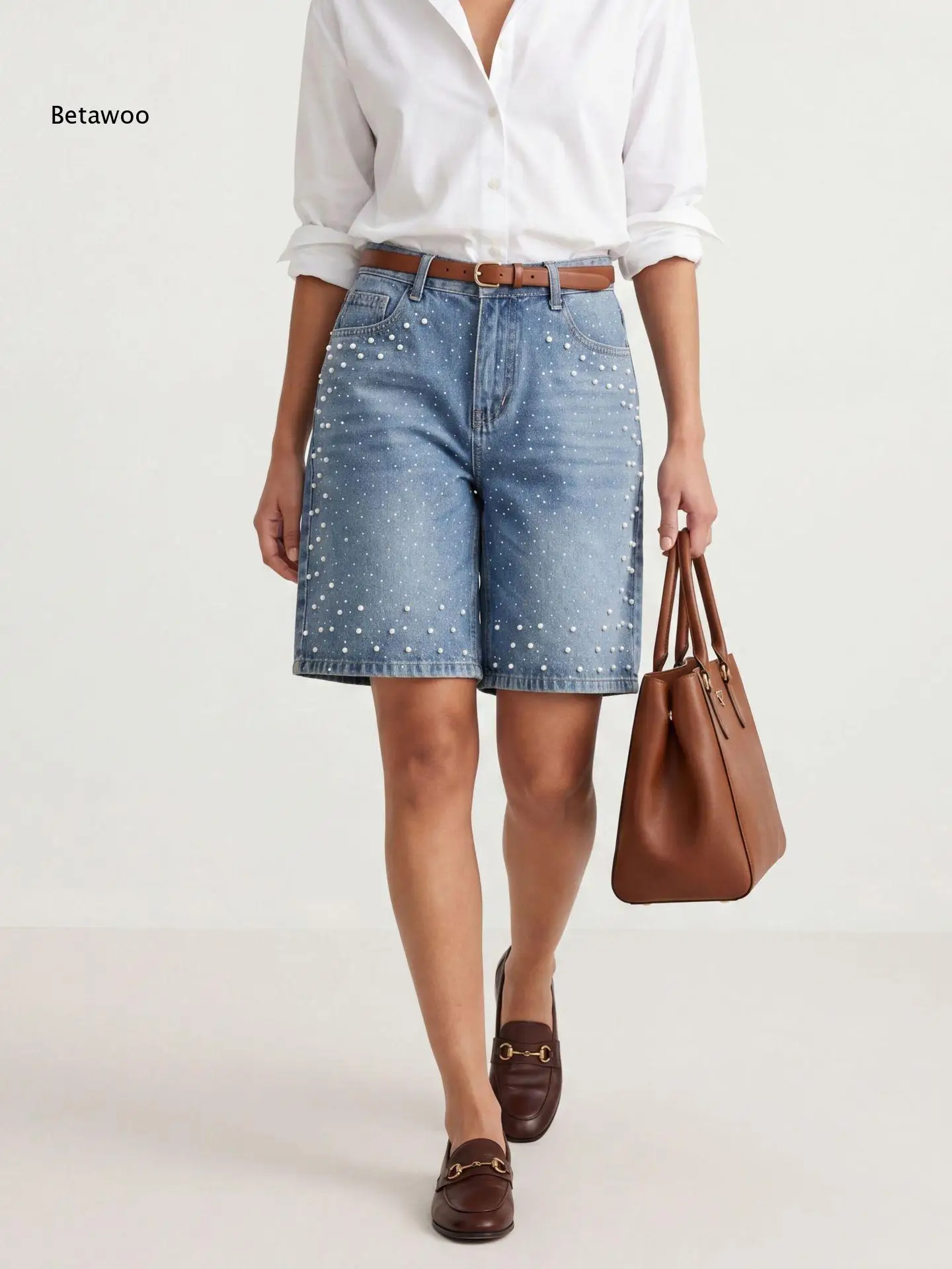 Shorts Bermuda de Mezclilla para Mujer, Cintura Alta, Adornados con Pedrería, Corte Recto, Estilo Casual de Verano