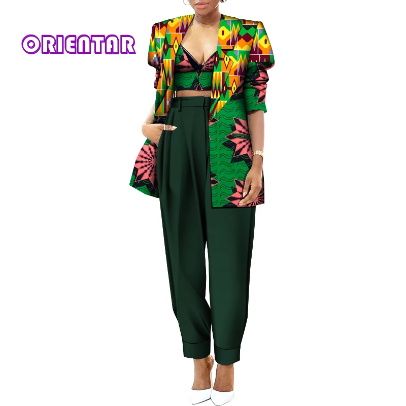 3 Pieces Women Set African Wax Print Crop Tops and Pants Suit 2021 New African Clothes Casual Outfits Africaine Femme WY641