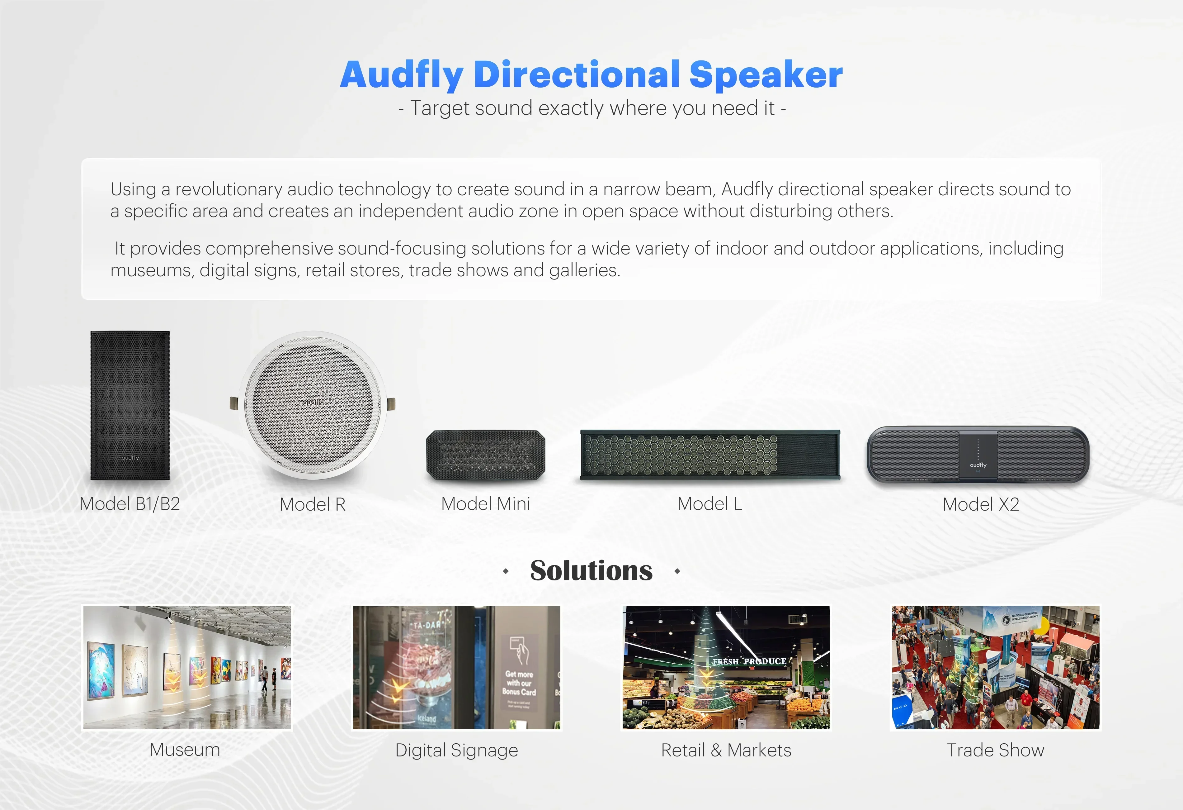 تكنولوجيا الصوت الاتجاهية Audfly المحمولة X2 مكبر الصوت الاتجاهي لعرض مكتب محطة كشك البيع بالتجزئة