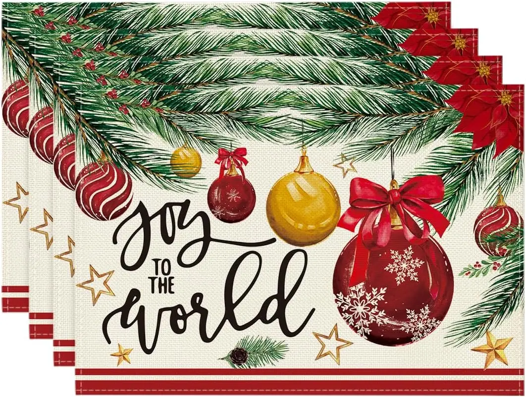 

Joy to The World Xmas Red Balls Christmas Placemats 12x18 Inch Winter Pine Cone Table Mats for Party Kitchen Dining Decoration
