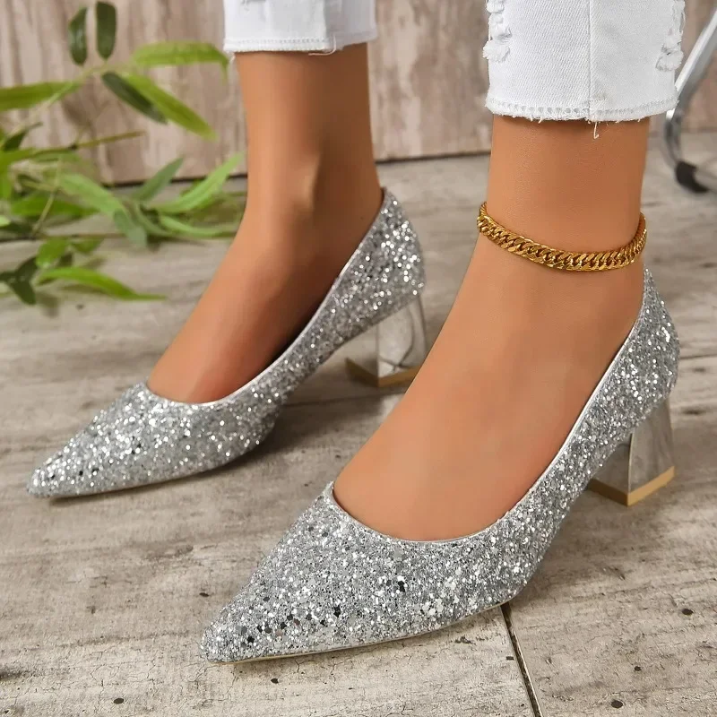 2024 Spring Autumn New Fashion Large Heel Single Shoes Wearing Sequin Face Pointed Toe Comfortable Shallow Mouth Shoes for Women