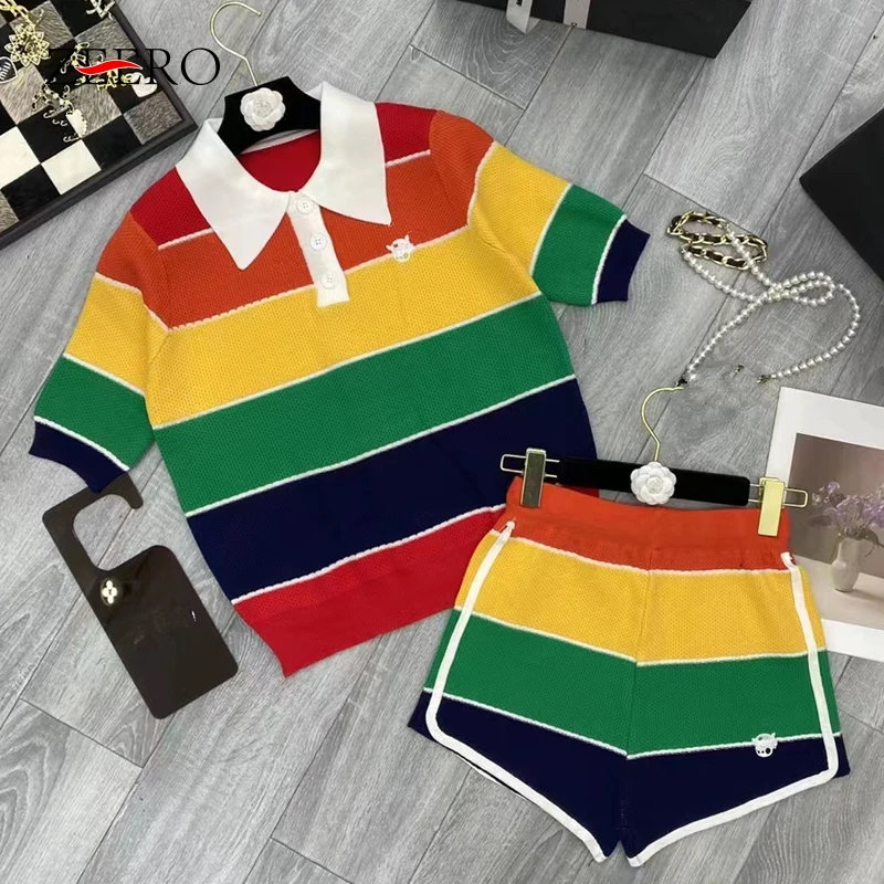 

Korean Women Casual Loose Rainbow Striped Knitted Polo-neck Tshirt Top + Shorts Set Summer Outfits Tracksuit Women Two Piece Set