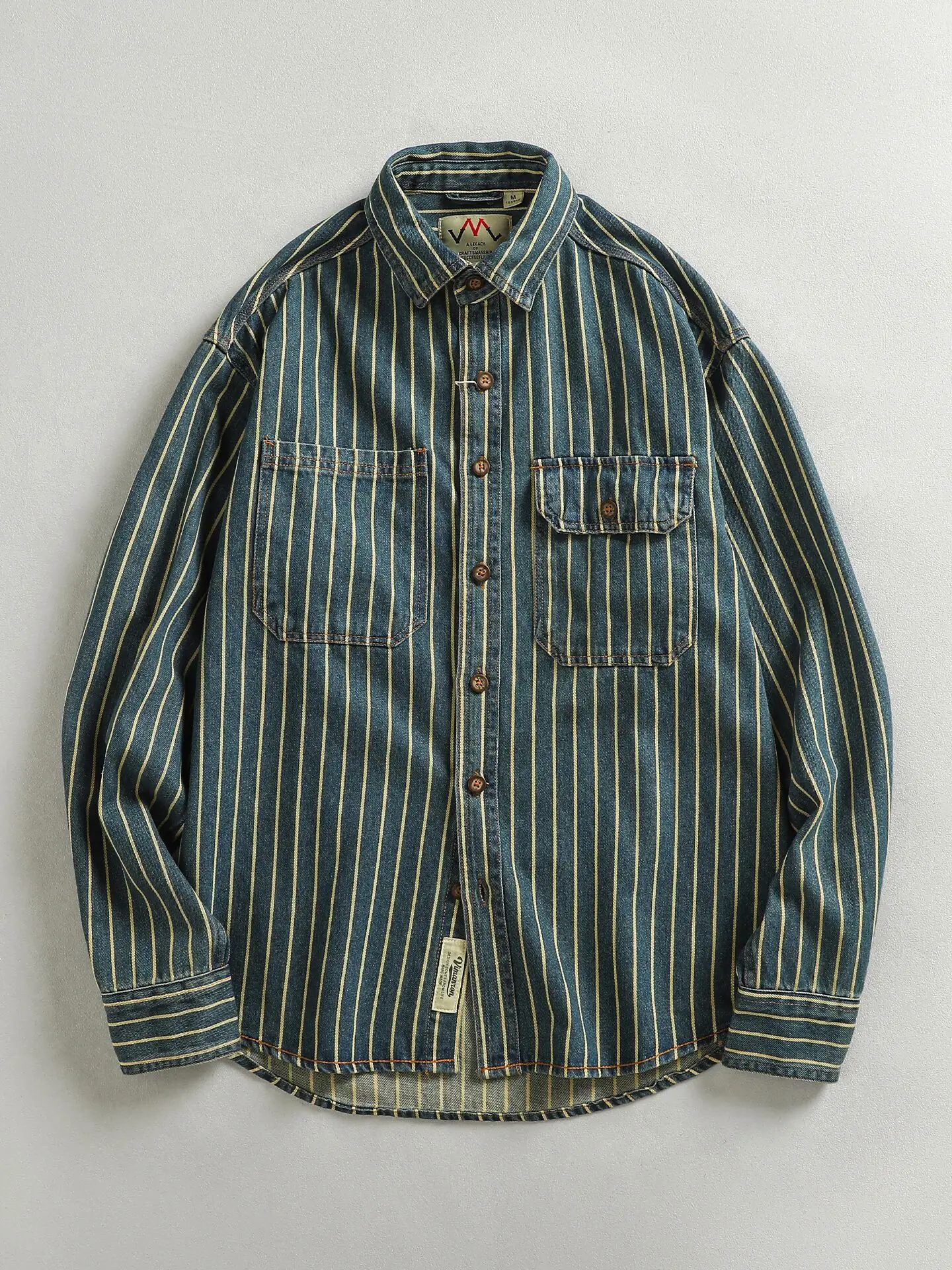 Heavyweight Washed Vintage Blue Striped Men's Denim Shirt Ameika Style Trendy Thickened Shirt Jacket Upper Apparel