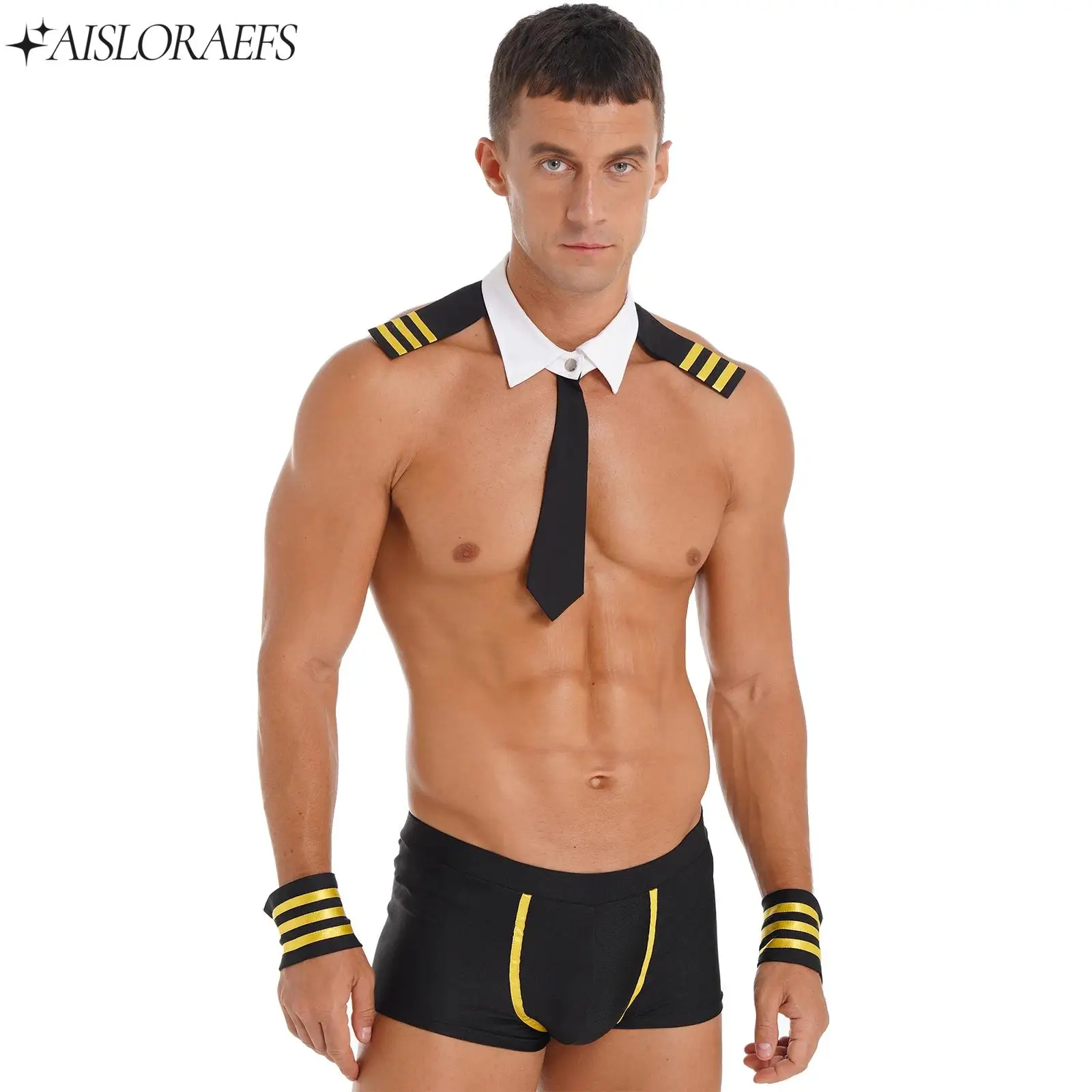 

Mens Captain Cosplay Costume Sexy Nightwear Low Rise Elastic Boxer Shorts+Detachable Collar+Striped Cuffs Outfit Rave Clubwear