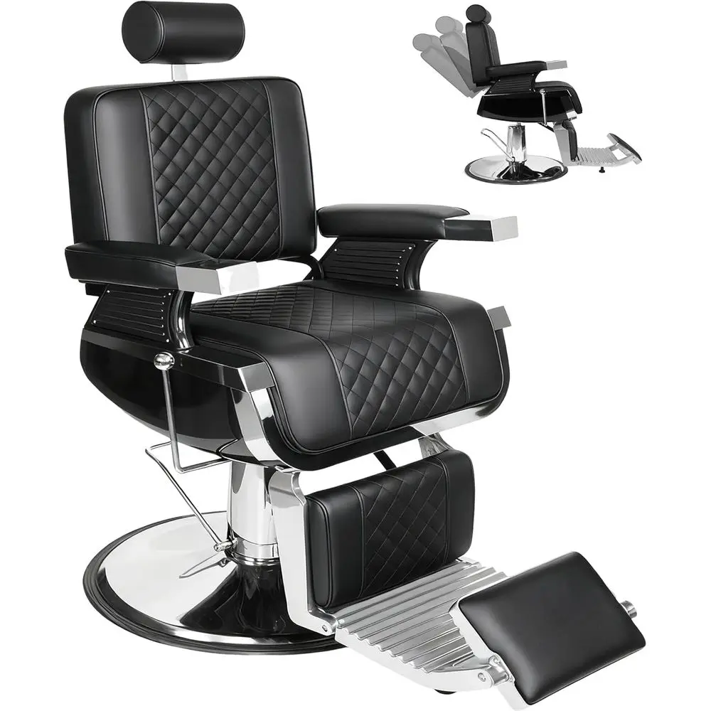 كرسي حلاق قوي مع مضخة هيدروليكية، جلد غرزة ماسية، مساند قابلة للتعديل، 360 درجة °   دوران، أسود وفضي
