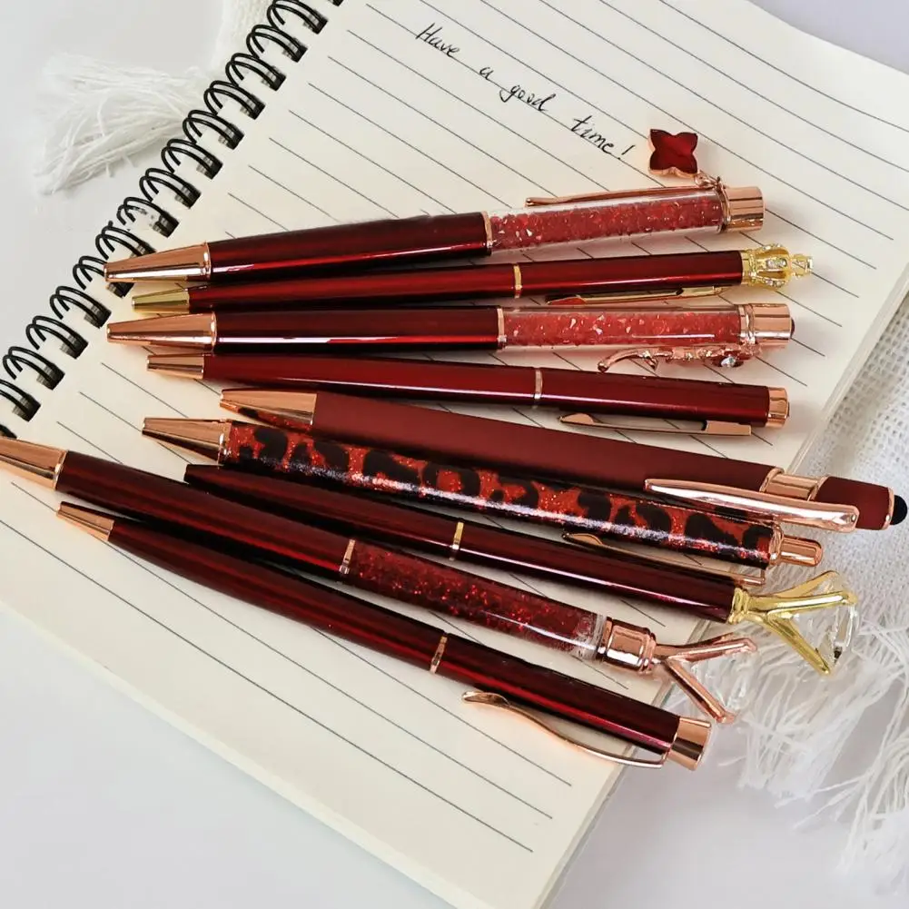 

9Pcs Ballpoint Pens Set Metal Faux Crystal Pen Dynamic Liquid Sand Pen Retractable Glitter Black Ink Pen Office School Supplies