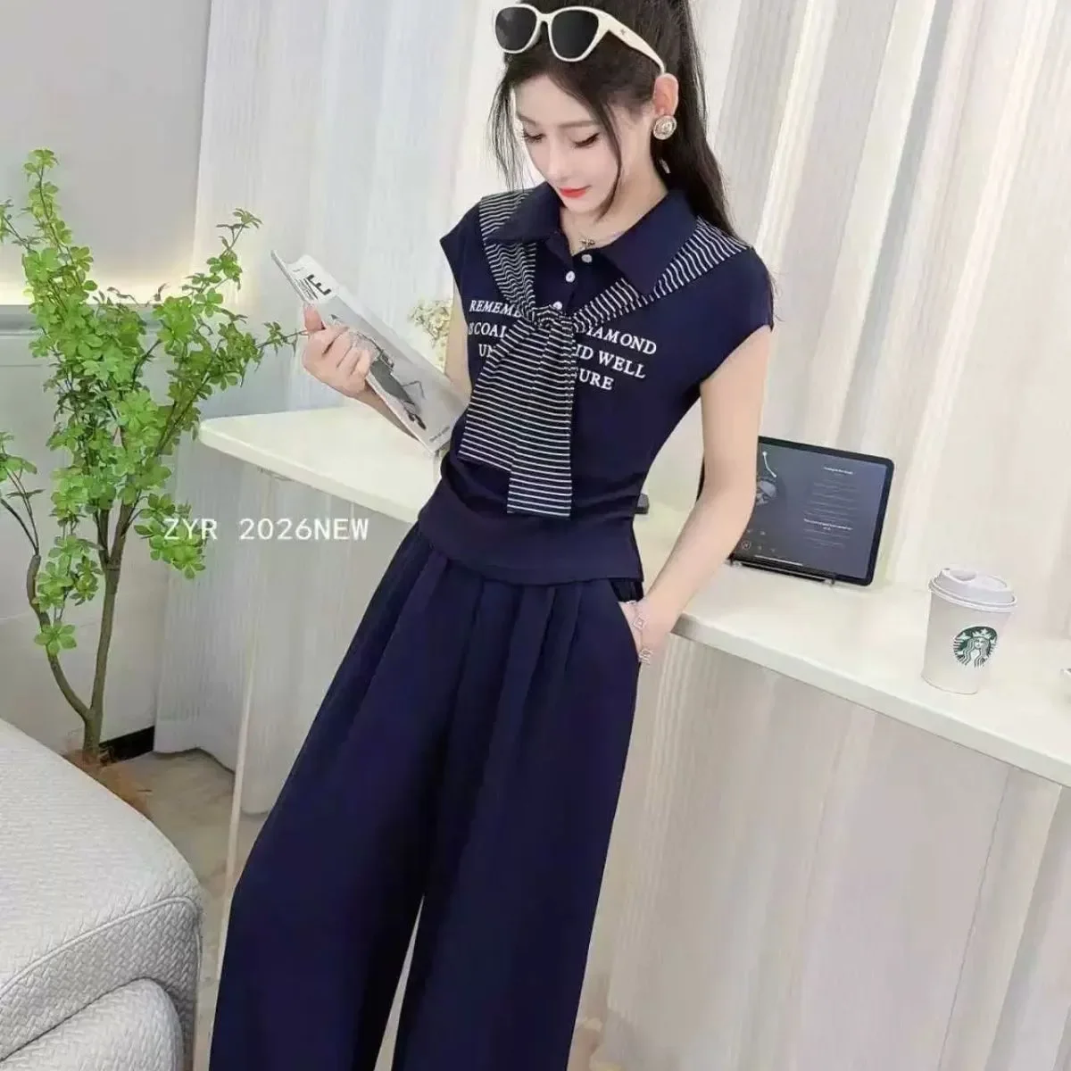 

Fashion Suit Women's Summer New Style Stylish and Slimming Short Sleeved Waist Cinching Casual Temperament Two-piece Set