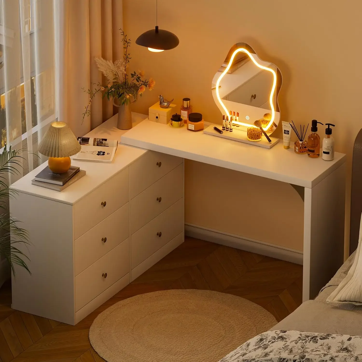 PAKASEPT 82'' Corner Vanity Desk with Mirror and Lights, Extendable Vanity Table with 3 Color Lighting Modes Adjustable Brightne