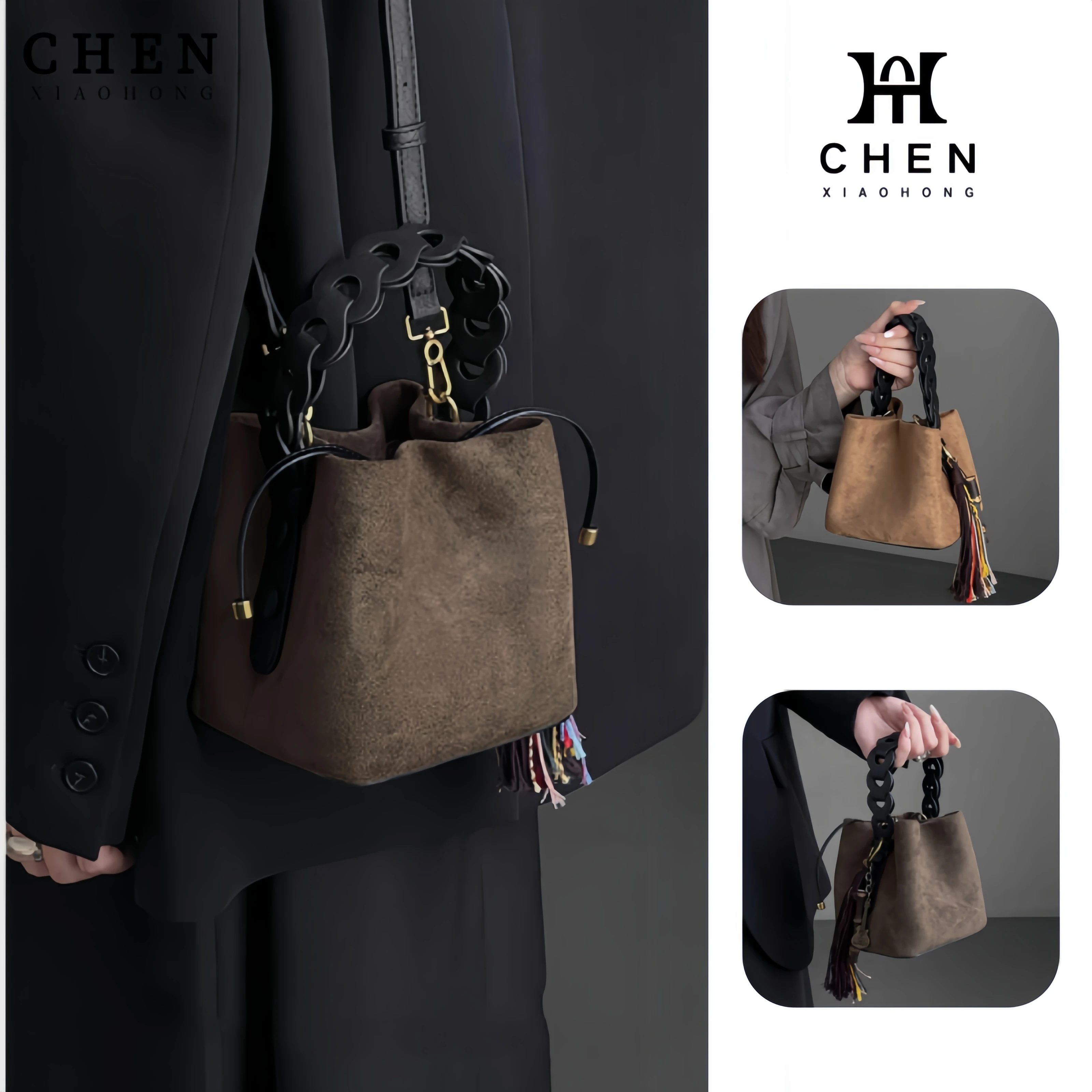 

2026 Spring Retro Minimalist Luxury Dark Coffee Suede Bucket Bag Women's Acrylic Chain Tassel Pendant Daily Party Ready Stock
