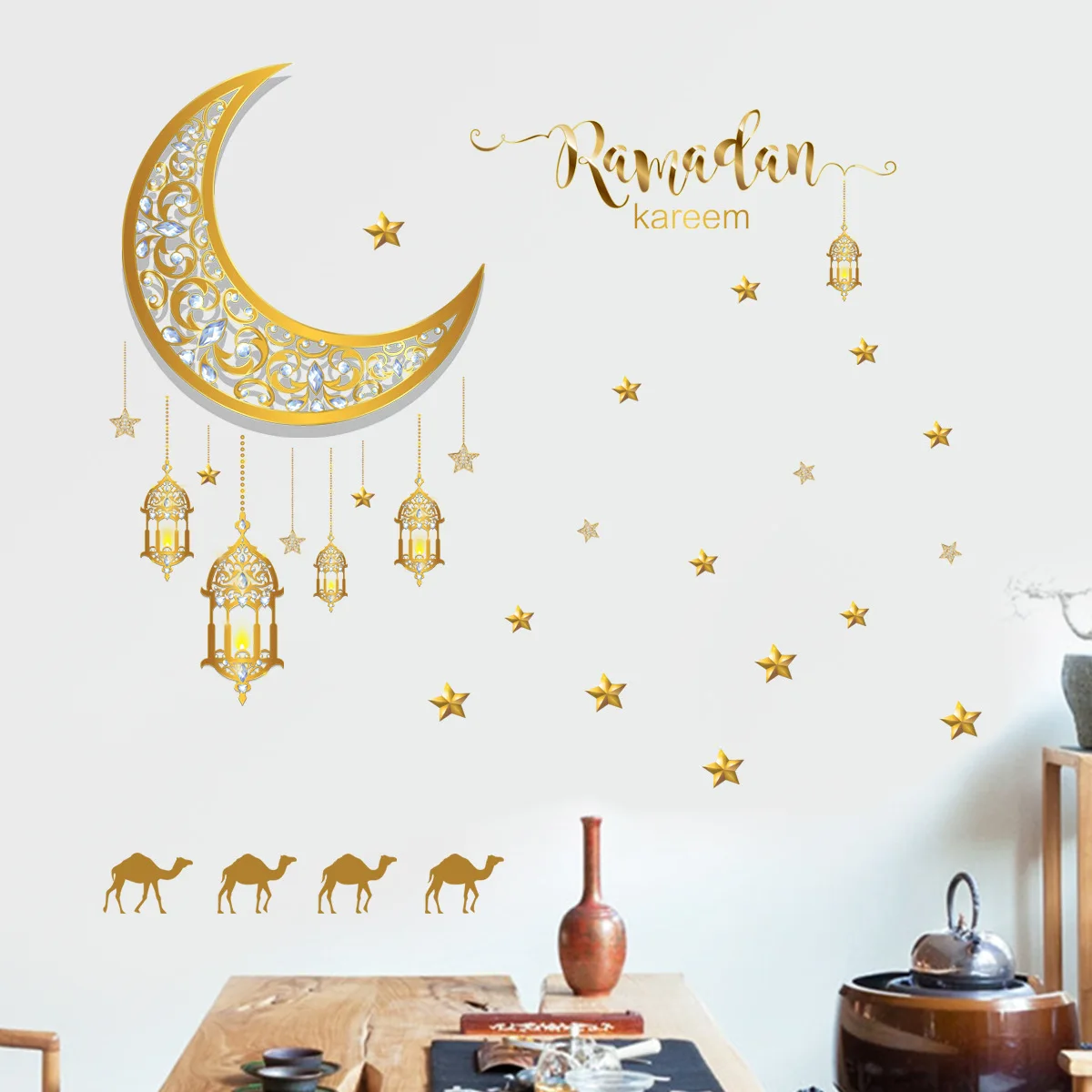 Eid Mubarak Wall Stickers Moon Star Lantern Wall Decal Ramadan Kareem Decorations For Home 2023 Islamic Muslim Mural Stickers